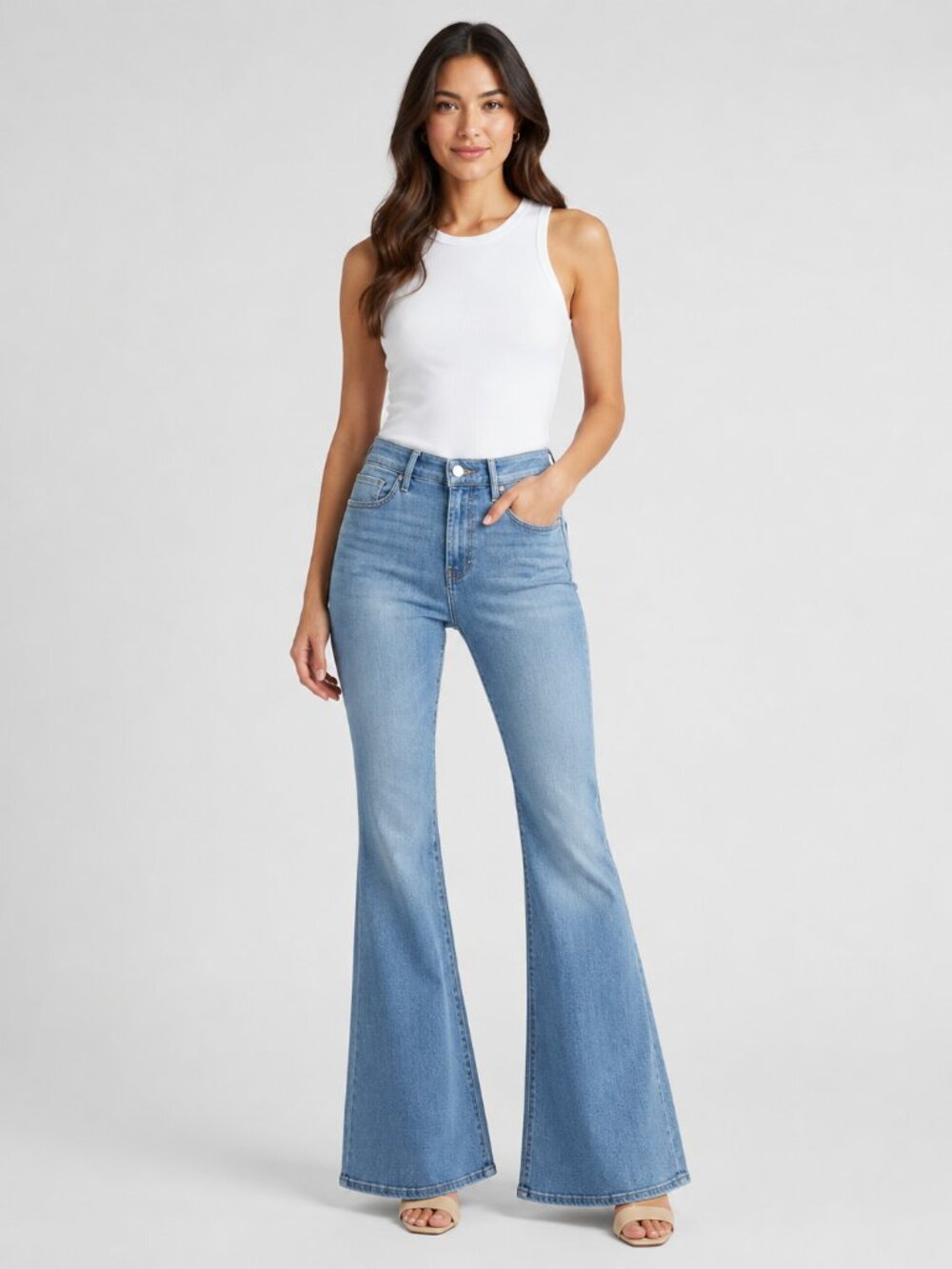 Le Easy Flare Jeans Cowgirl Light Wash High Rise Stretch Denim Wide Leg Sz 29